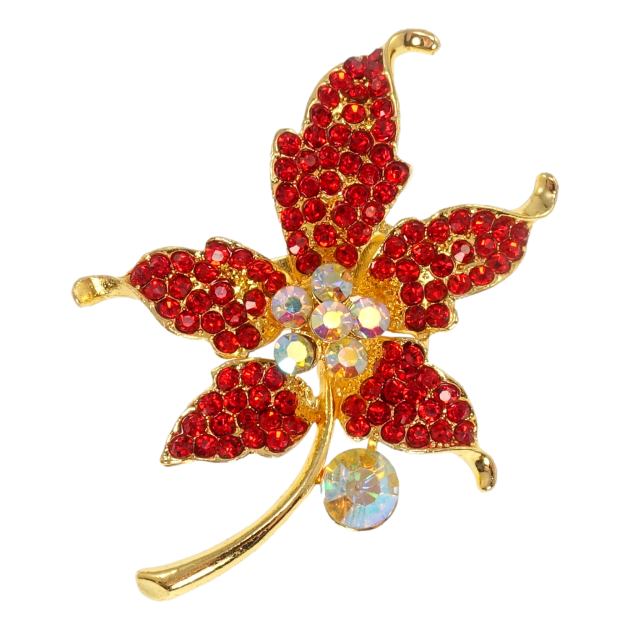 Брошь Кленовый листочек с красными стразами фото №1