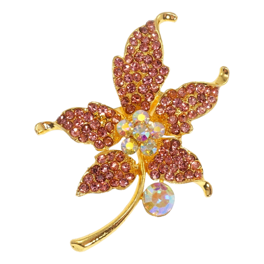 Брошь Кленовый листочек с розовыми стразами фото №1