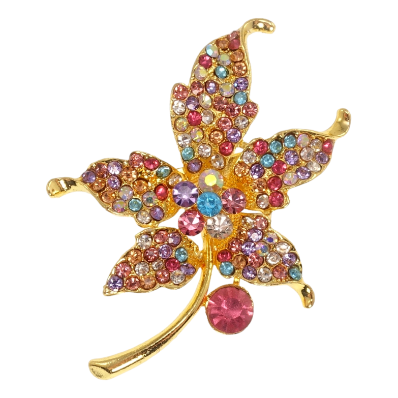 Брошка Кленовий листочок з різнокольоровими стразами фото №11