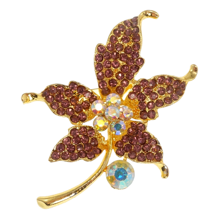 Брошь Кленовый листочек с бордовыми стразами фото №3