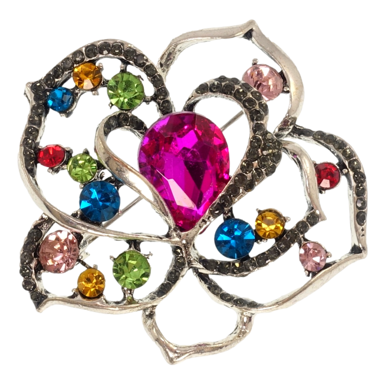 Брошь Цветочек с розовым кристаллом и разноцветными стразами фото №2