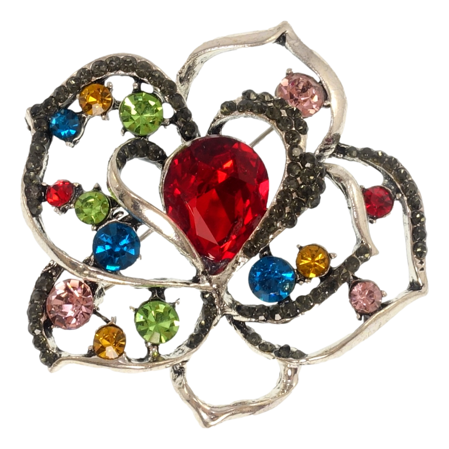 Брошь Цветочек с красным кристаллом и разноцветными стразами фото №1