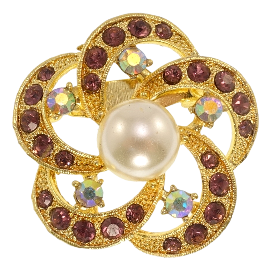 Брошка Квітка з бордовими стразами та перлами фото №1