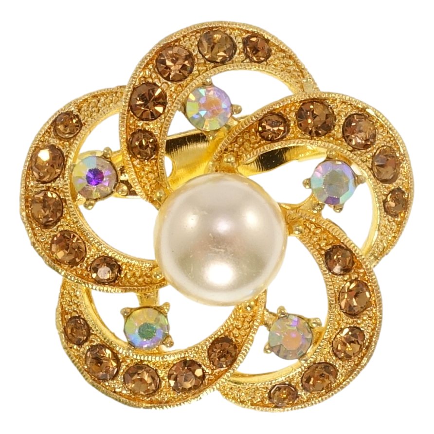 Брошка Квітка з коричневими стразами та перлами фото №1