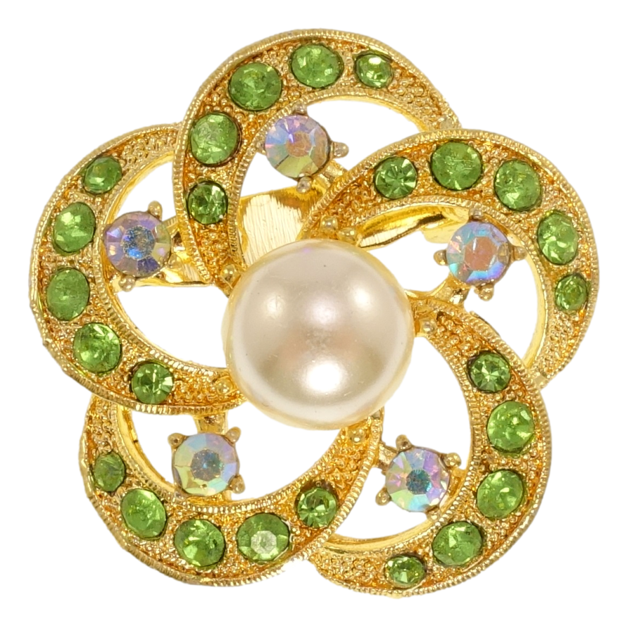 Брошка Квітка з салатовими стразами та перлами фото №1