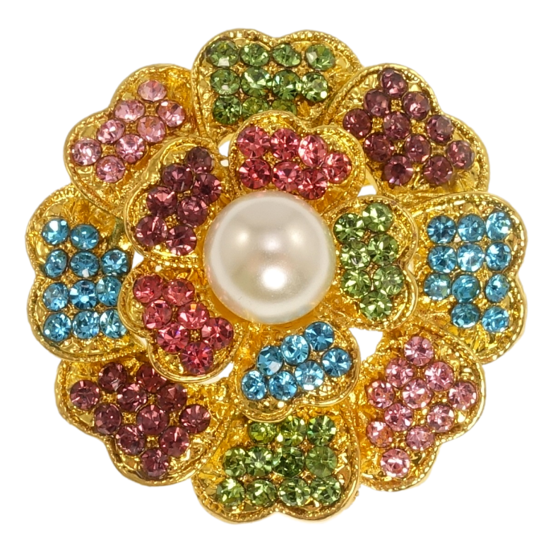 Брошь Цветочек с разноцветными стразами и жемчугом фото №1