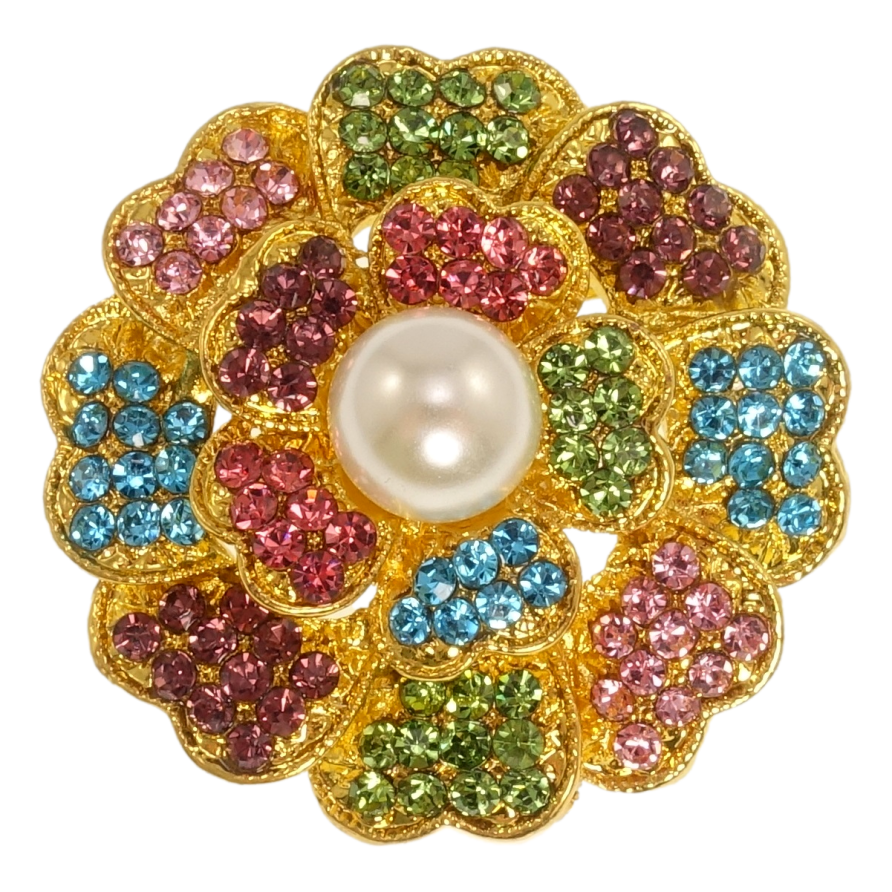 Брошь Цветочек с разноцветными стразами и жемчугом фото №1