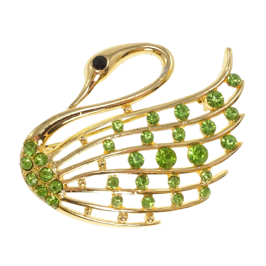 Брошка Лебідь із зеленими стразами фото №1 Брошка Лебідь із зеленими стразами фото №1