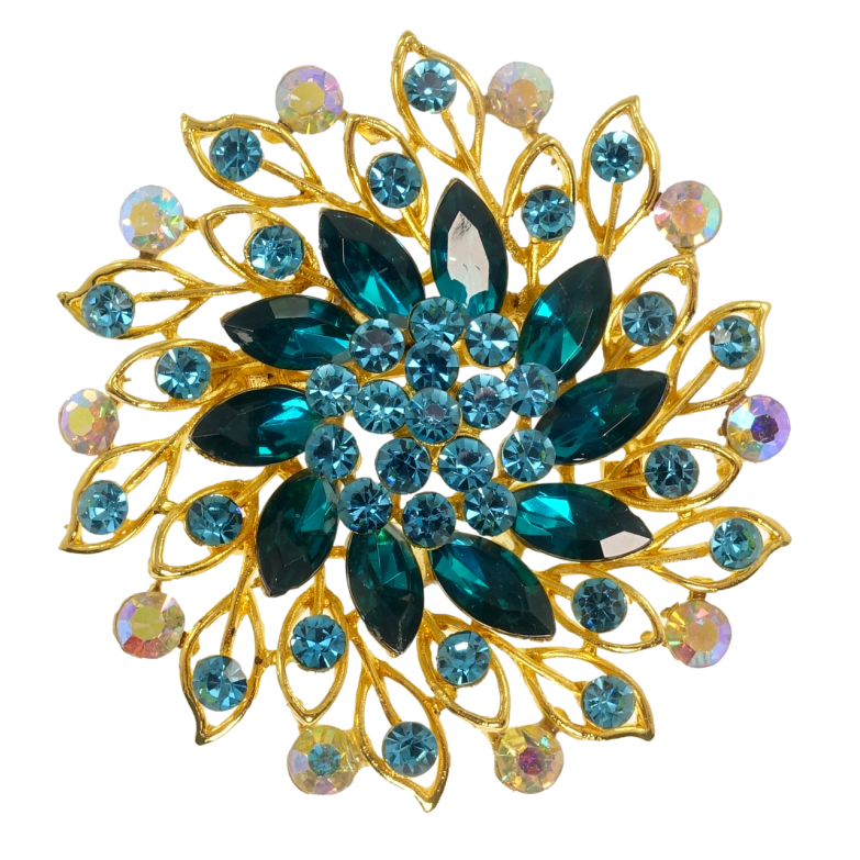 Брошь Цветок с бирюзовыми стразами фото №1