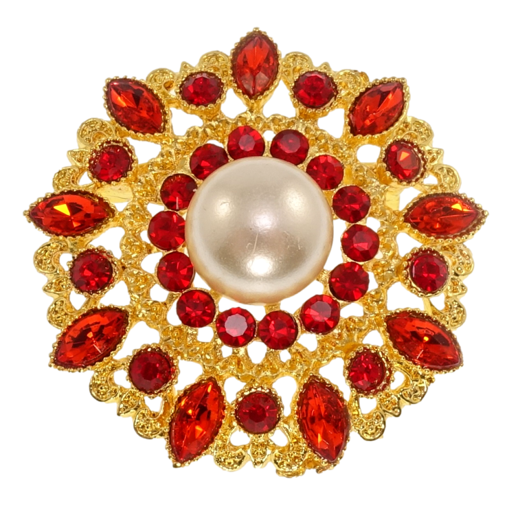 Брошка Квітка з перлами та червоними стразами фото №22