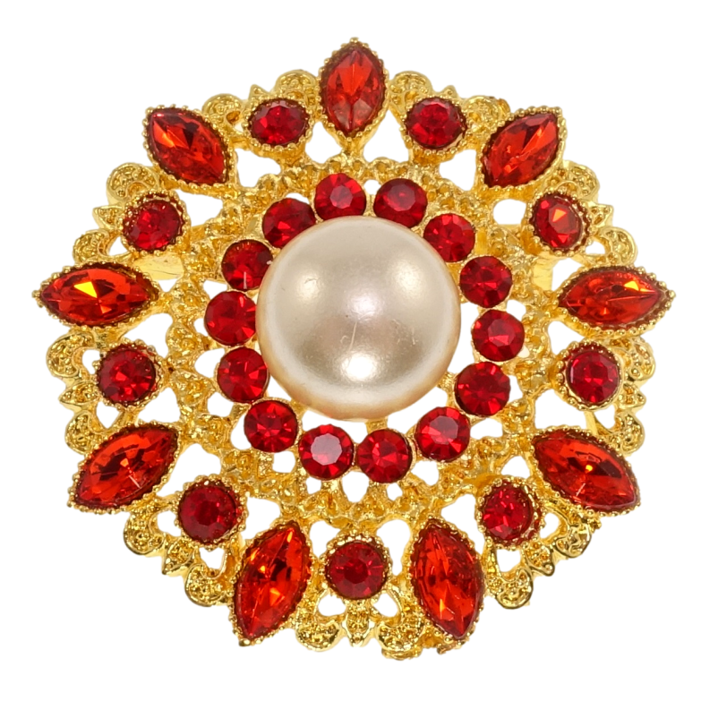 Брошь Цветок с жемчугом и красными стразами фото №1
