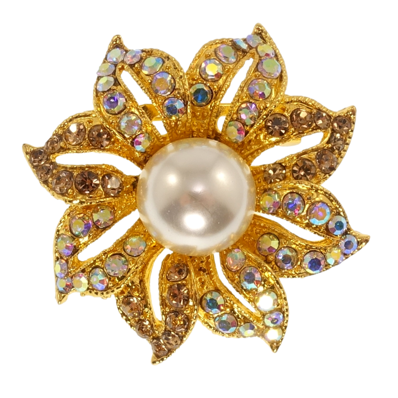Брошь Цветок с разноцветными стразами и жемчугом фото №1