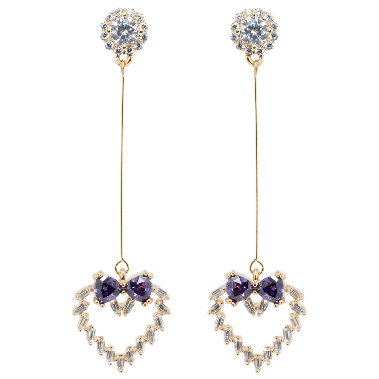 Серьги Xuping Позолота 18K пусеты Кристальные сердечки с бантами из сиреневых фианитов фото №8
