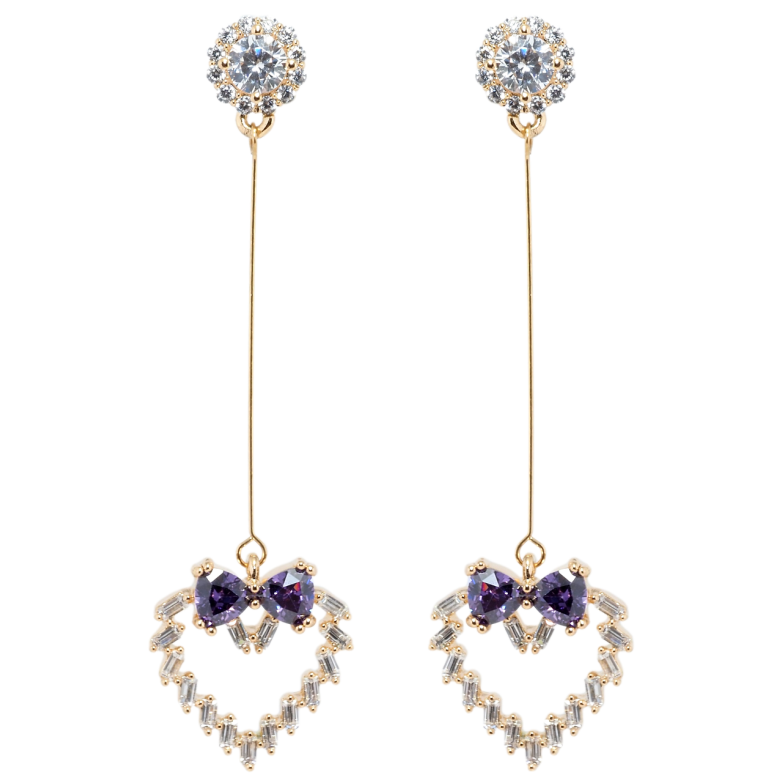 Серьги Xuping Позолота 18K пусеты Кристальные сердечки с бантами из сиреневых фианитов фото №1
