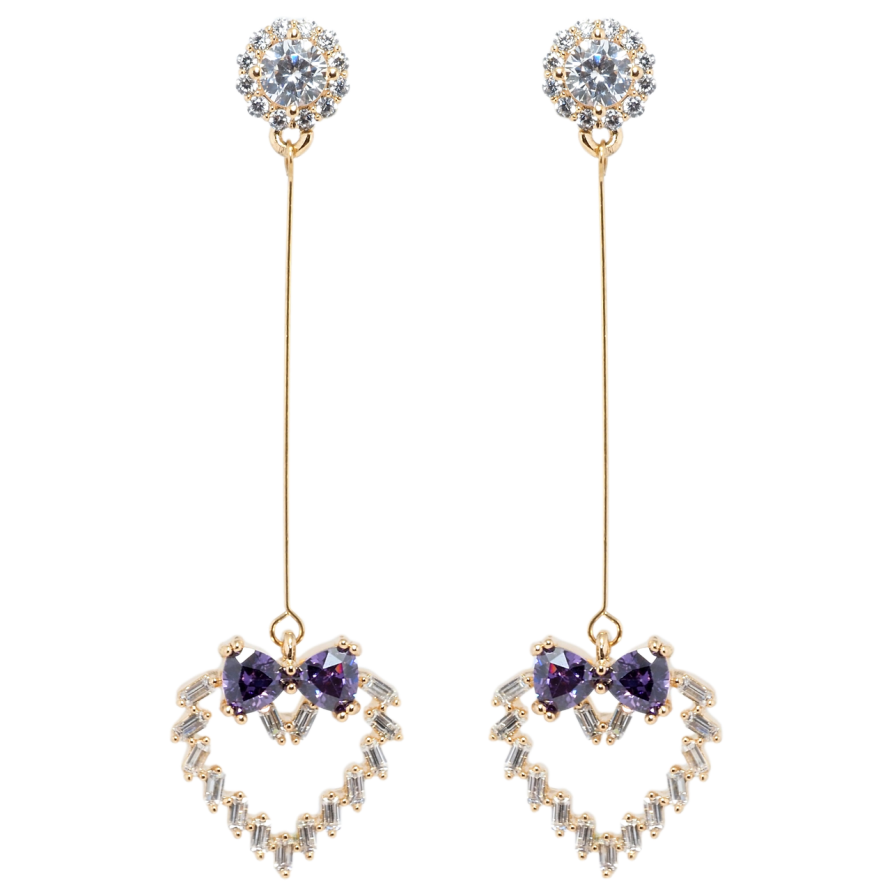 Серьги Xuping Позолота 18K пусеты Кристальные сердечки с бантами из сиреневых фианитов фото №1