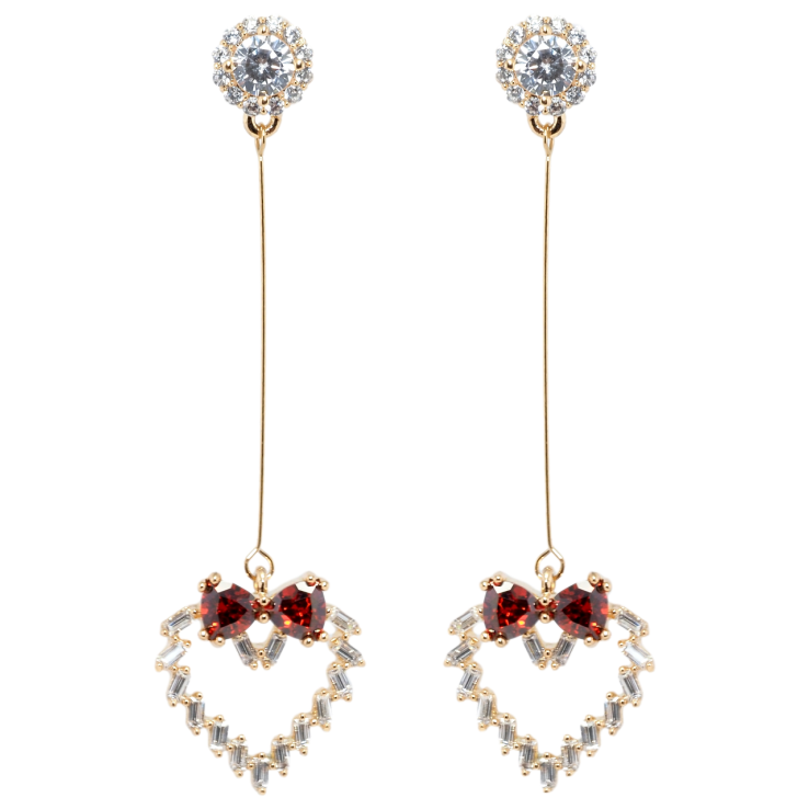 Серьги Xuping Позолота 18K пусеты Кристальные сердечки с бантами из красных фианитов фото №11