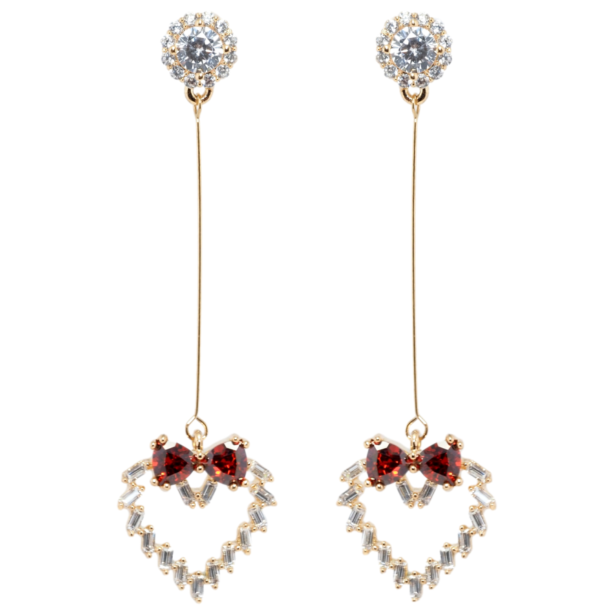 Серьги Xuping Позолота 18K пусеты Кристальные сердечки с бантами из красных фианитов фото №1