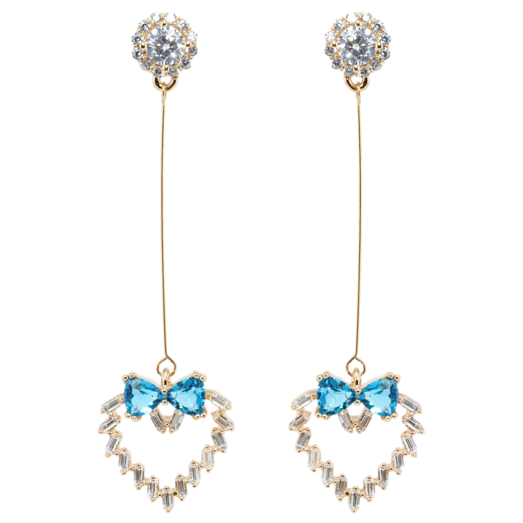 Серьги Xuping Позолота 18K пусеты Кристальные сердечки с бантами из голубых фианитов фото №12
