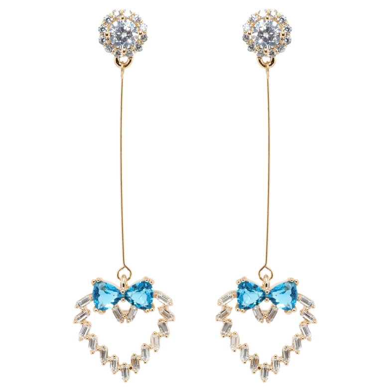 Серьги Xuping Позолота 18K пусеты Кристальные сердечки с бантами из голубых фианитов фото №2