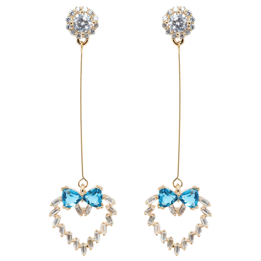 Серьги Xuping Позолота 18K пусеты Кристальные сердечки с бантами из голубых фианитов фото №1