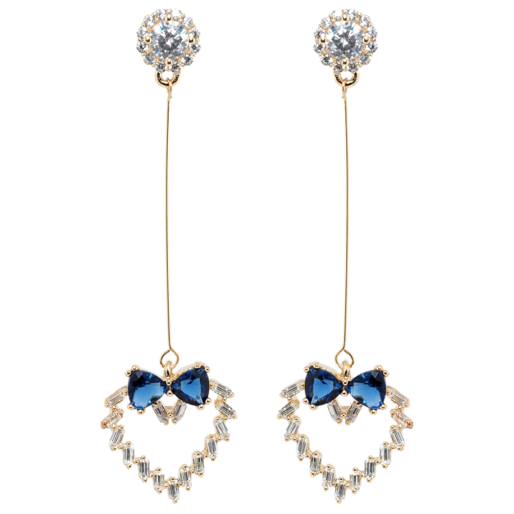 Серьги Xuping Позолота 18K пусеты Кристальные сердечки с бантами из синих фианитов фото №9