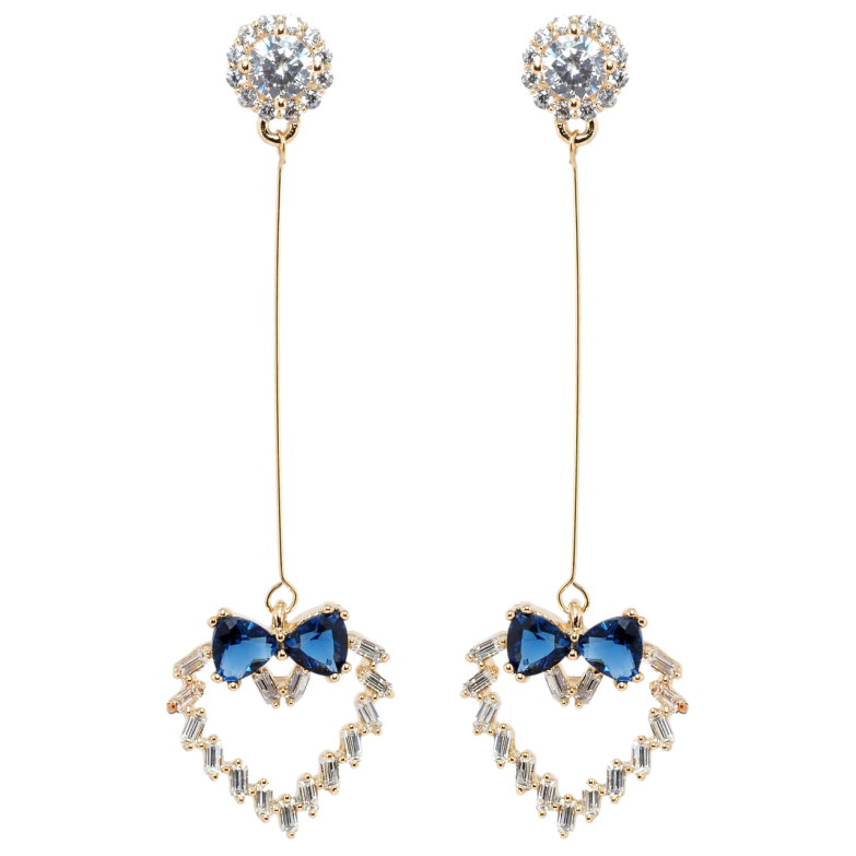 Серьги Xuping Позолота 18K пусеты Кристальные сердечки с бантами из синих фианитов фото №3