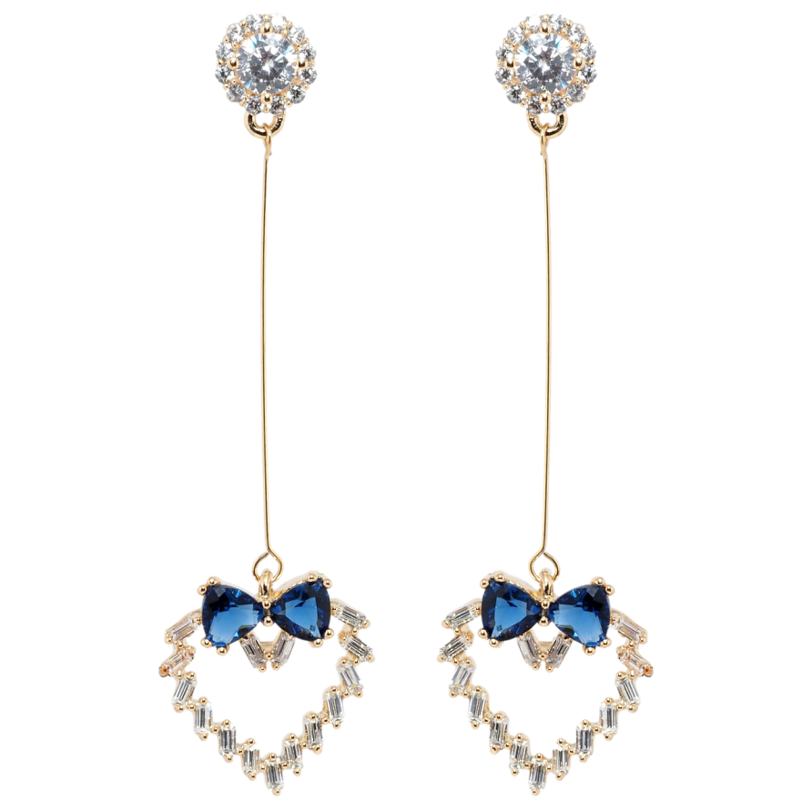 Серьги Xuping Позолота 18K пусеты Кристальные сердечки с бантами из синих фианитов фото №1