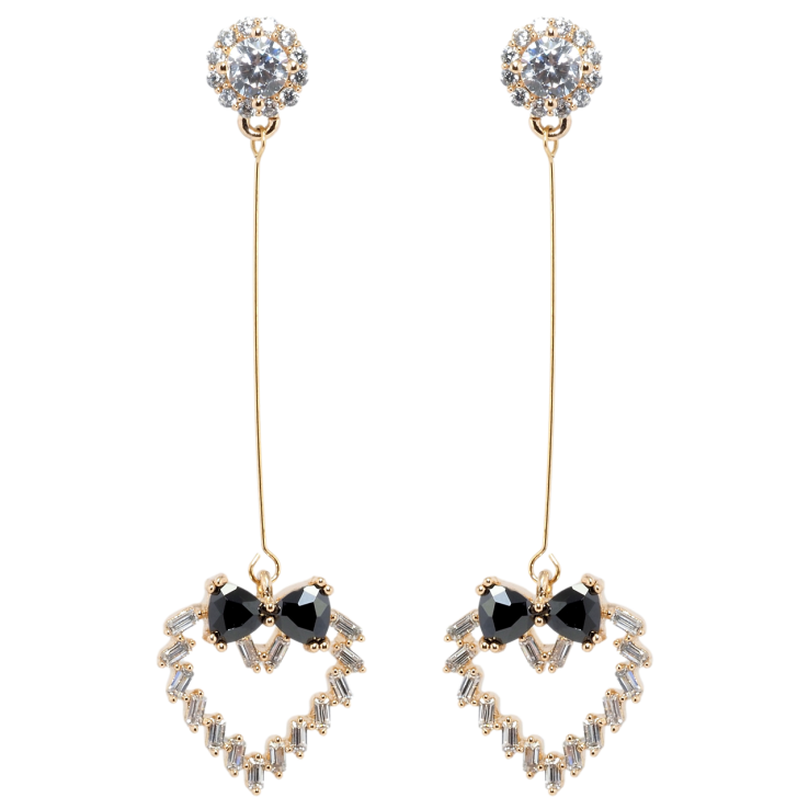Серьги Xuping Позолота 18K пусеты Кристальные сердечки с бантами из черных фианитов фото №6