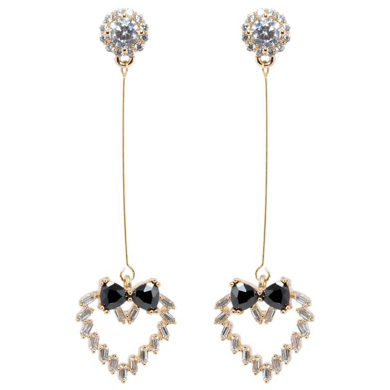 Серьги Xuping Позолота 18K пусеты Кристальные сердечки с бантами из черных фианитов фото №1