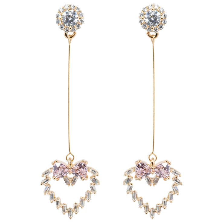 Серьги Xuping Позолота 18K пусеты Кристальные сердечки с бантами из розовых фианитов фото №10