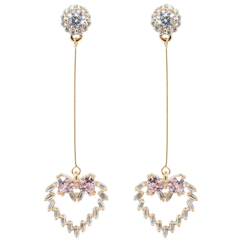 Серьги Xuping Позолота 18K пусеты Кристальные сердечки с бантами из розовых фианитов фото №7