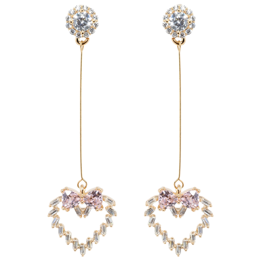 Серьги Xuping Позолота 18K пусеты Кристальные сердечки с бантами из розовых фианитов фото №1