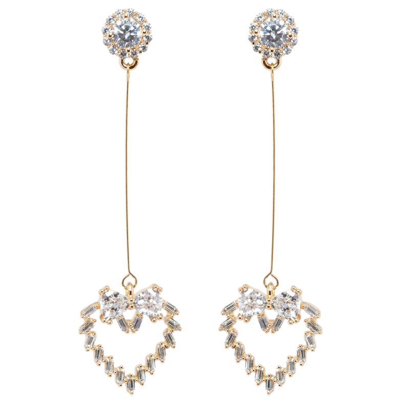 Сережки Xuping Позолота 18K пусети Кристальні серця з бантами з фіанітів фото №1