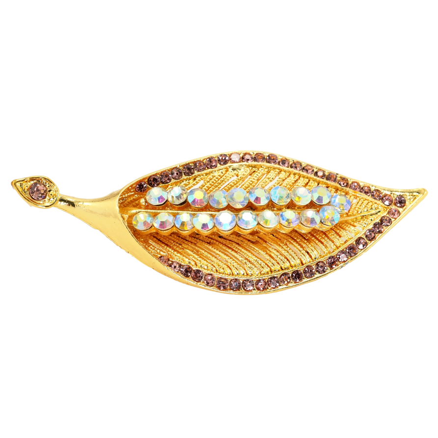 Брошь Листик с розовыми стразами фото №1