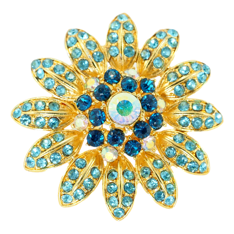 Брошь Цветок с голубыми стразами фото №2