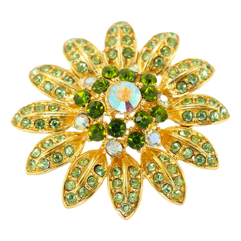 Брошь Цветок с зелёными стразами фото №1