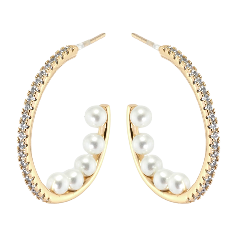 Сережки Xuping Позолота 18K пусети колечка з доріжками цирконію та перлами фото №1