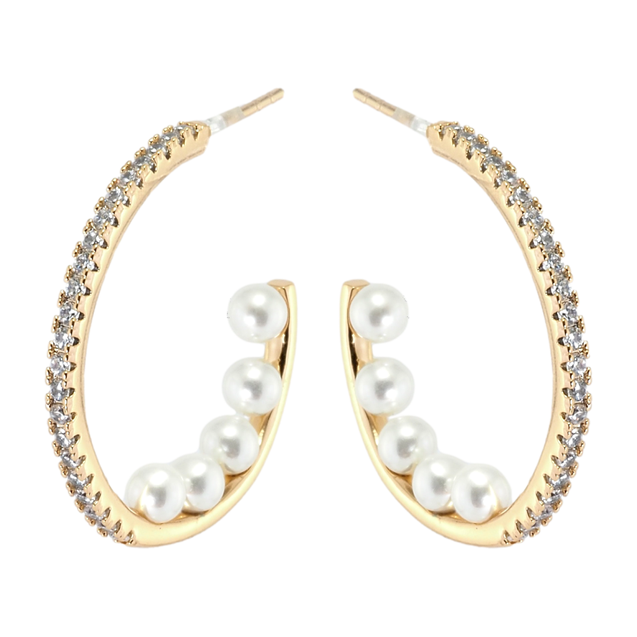 Сережки Xuping Позолота 18K пусети колечка з доріжками цирконію та перлами фото №1