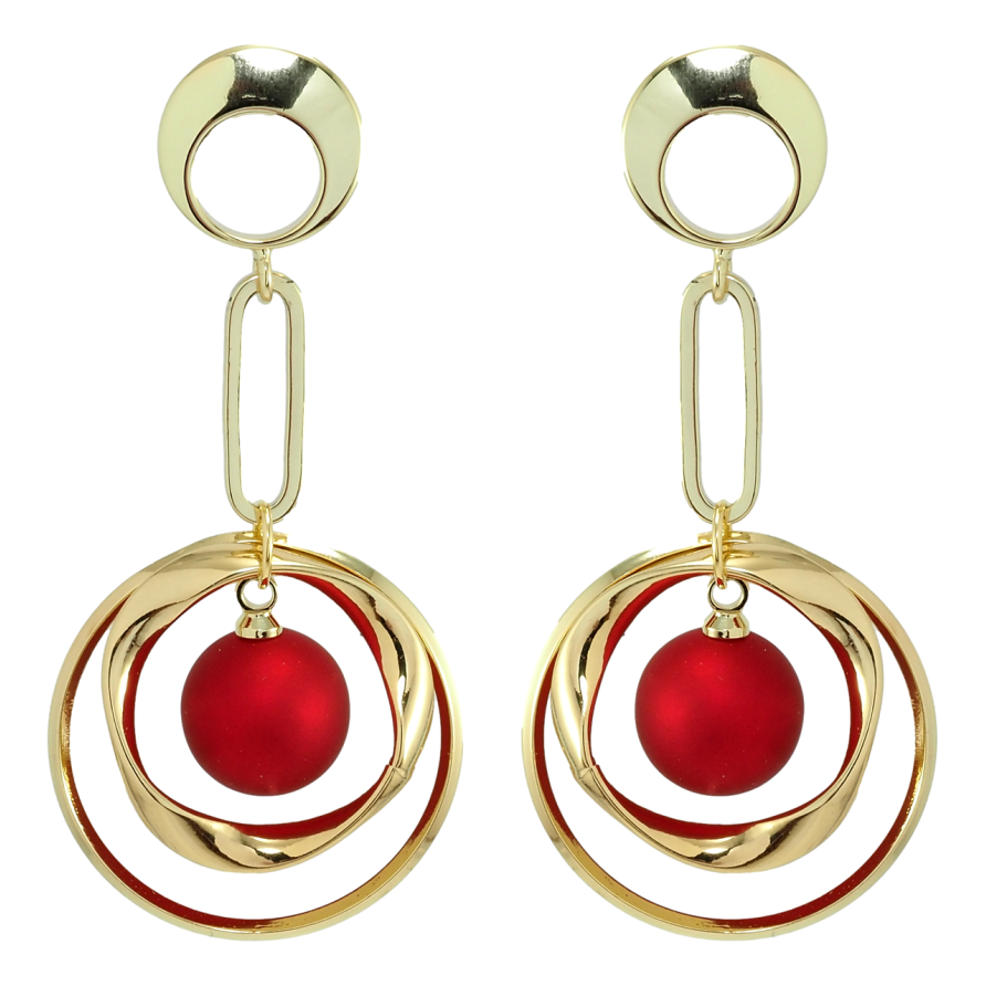 Серьги Xuping Позолота 14K пусеты Колечки с красными шариками фото №1