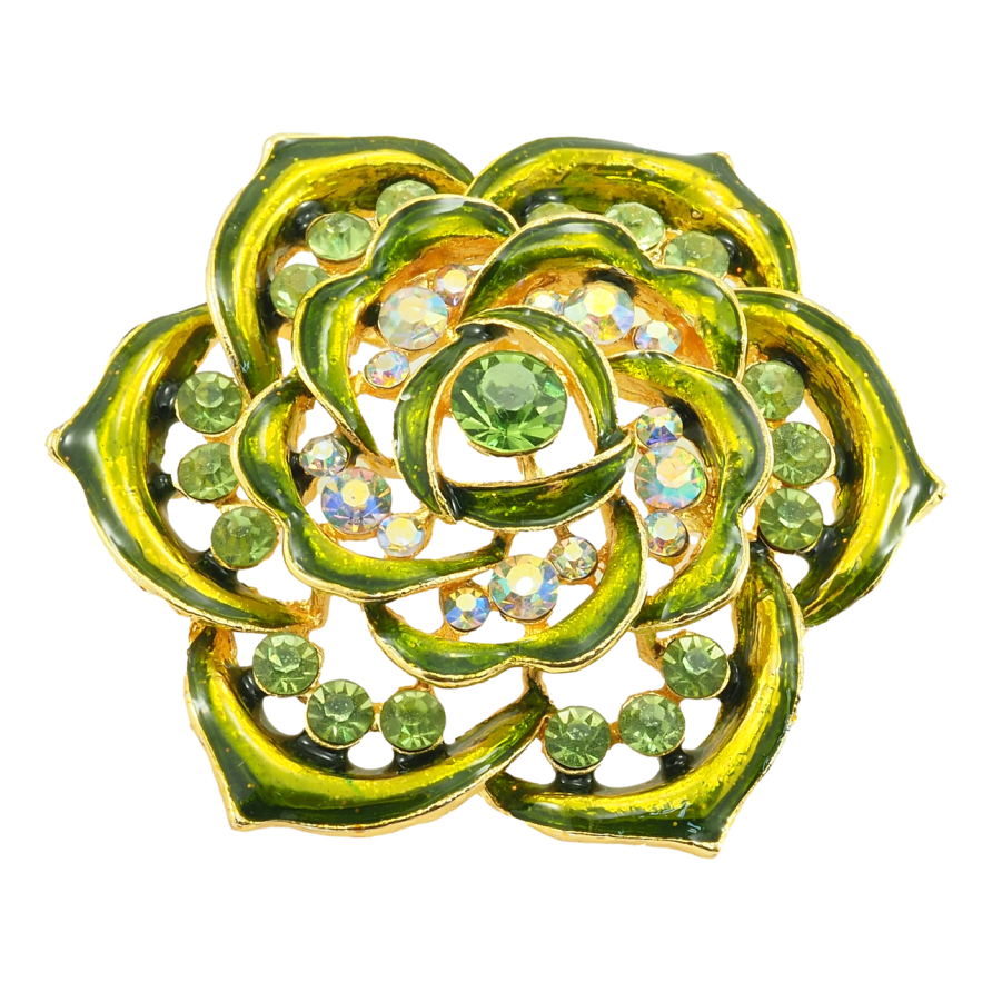 Брошка Квітка з профарбуванням зеленою емаллю та стразами фото №1