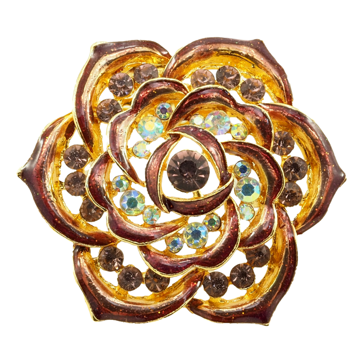 Брошка Квітка з профарбуванням бордовою емаллю та стразами фото №21