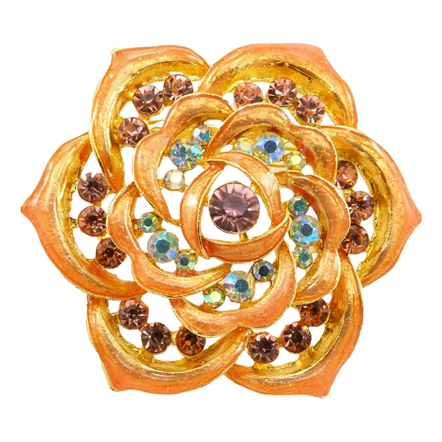 Брошка Квітка з профарбуванням персиковою емаллю та стразами фото №1