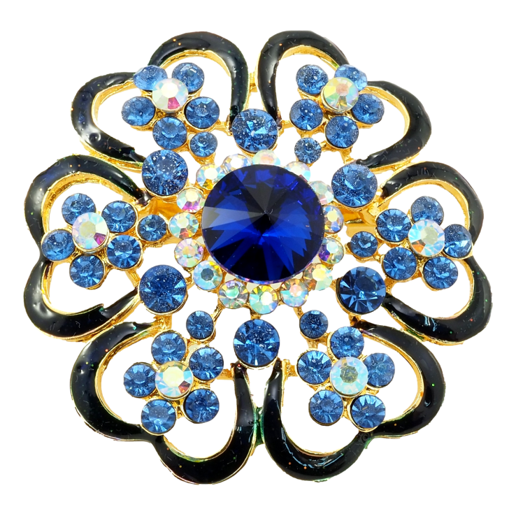 Брошка Квітка з профарбуванням чорною емаллю та синіми стразами фото №12