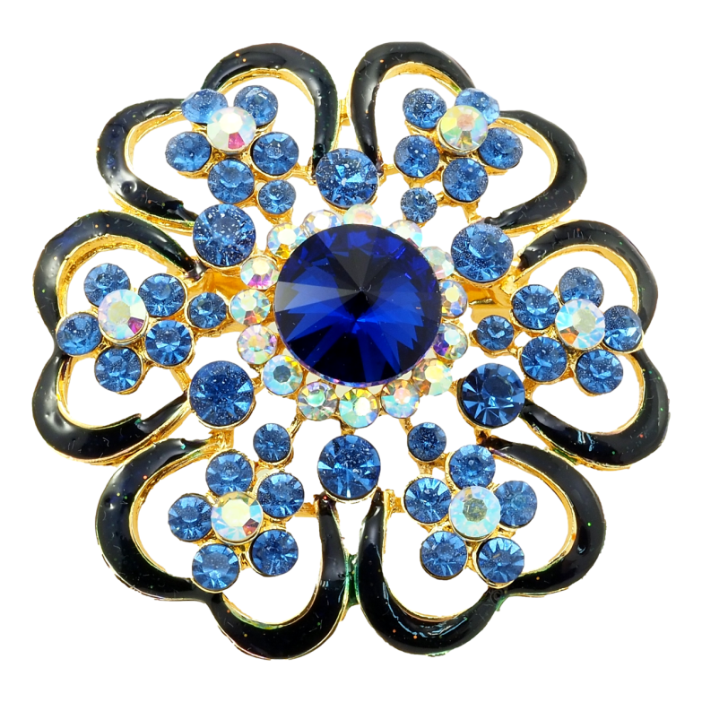 Брошь Цветок с прокраской черной эмалью и синими стразами фото №2