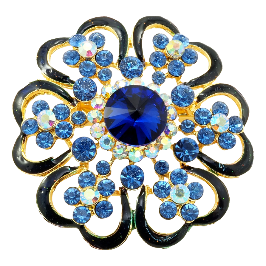 Брошка Квітка з профарбуванням чорною емаллю та синіми стразами фото №1