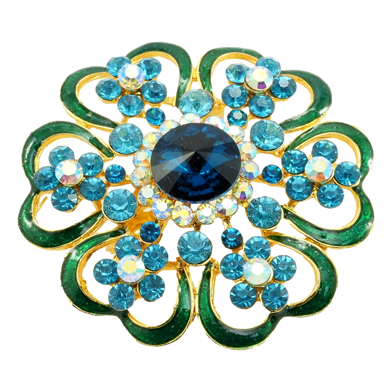 Брошь Цветок с прокраской зеленой эмалью и голубыми стразами фото №1