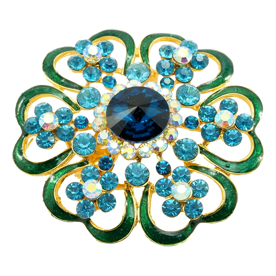Брошка Квітка з профарбуванням зеленою емаллю та блакитними стразами фото №1