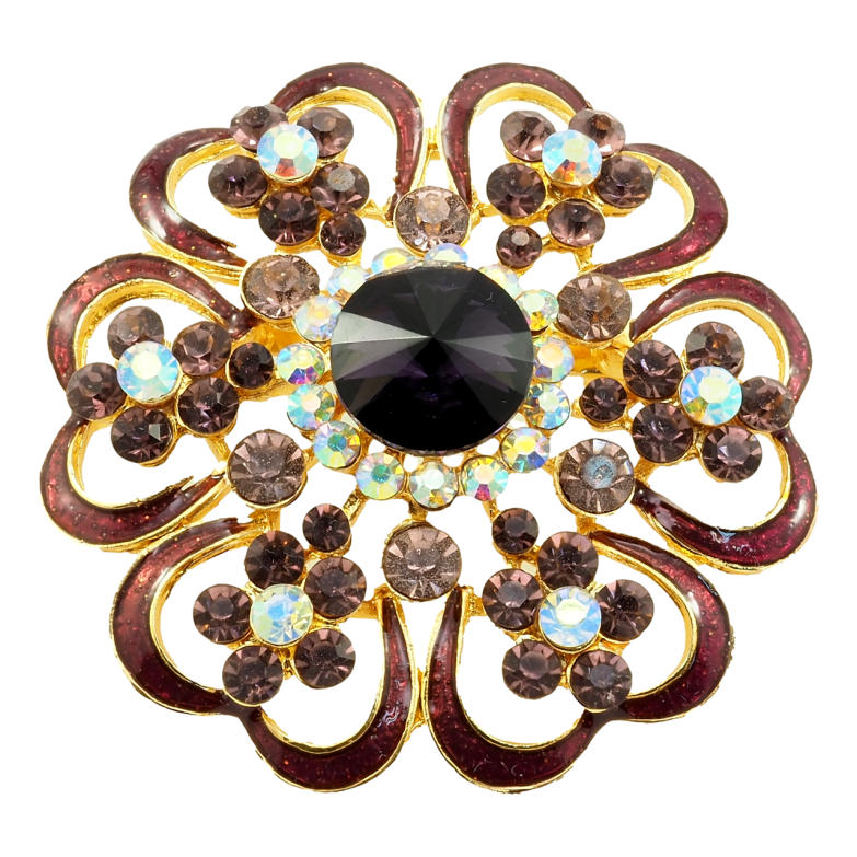 Брошь Цветок с прокраской бордовой эмалью и стразами фото №6