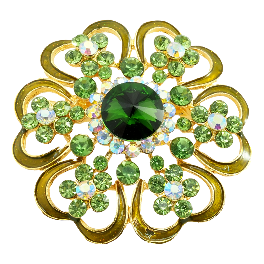 Брошка Квітка з профарбуванням салатовою емаллю та стразами фото №1