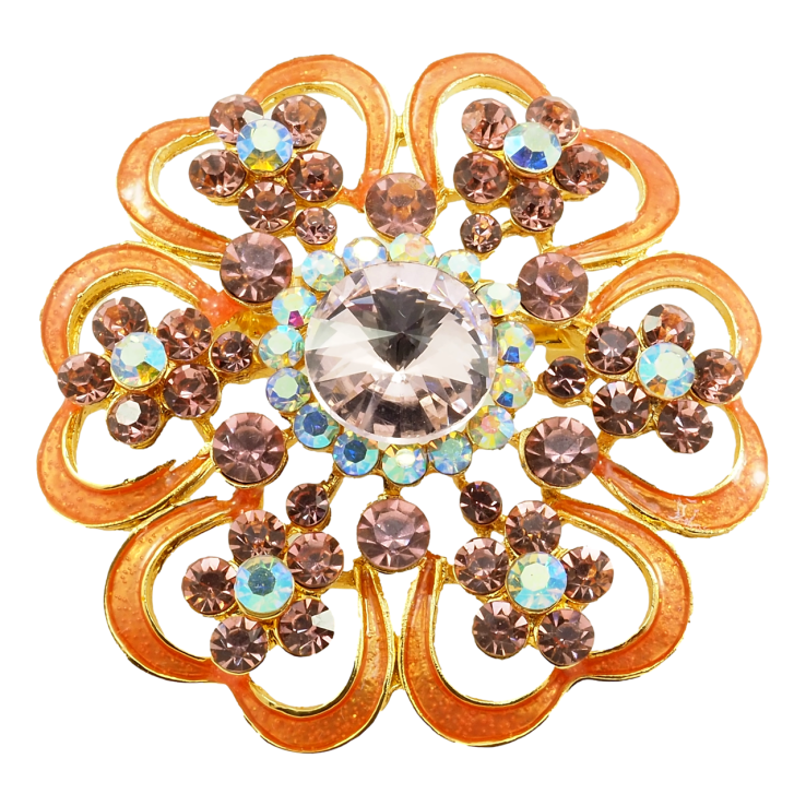 Брошка Квітка з фарбуванням персиковою емаллю і бордовими стразами фото №11